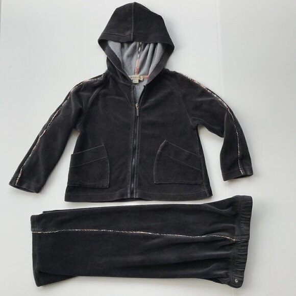 BURBERRY grey poly velour signature trim hooded 2 piece tracksuit elastic 4Y - Picture 2 of 16